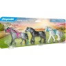 PLAYMOBIL 3er Set: 70510 Ponycamp-Ubernachtungswagen + 70995 Reitunterricht mit Pferdeboxen + 70999 Pferdeset 3x Pferde: Friese Набор из 3 штук: 70510 Пони-лагерь для ночлега + 70995 Уроки верховой езды с конюшнями + 70999 Комплект для лошадей 3 лошади: ф