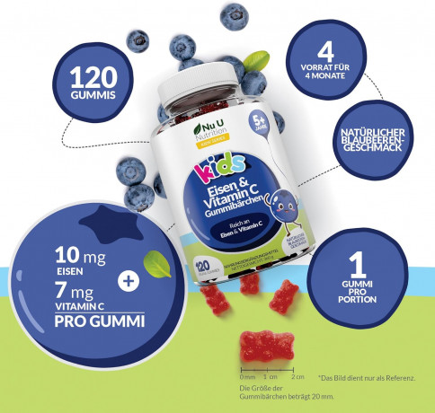 Nu U Nutrition Kids Iron + Vitamin C Детские витамины с железом и витамином C, для энергии и иммунитета, вкус черники, с 5 лет, 120 шт