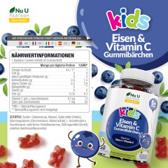 Nu U Nutrition Kids Iron + Vitamin C Детские витамины с железом и витамином C, для энергии и иммунитета, вкус черники, с 5 лет, 120 шт