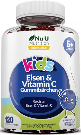 Nu U Nutrition Kids Iron + Vitamin C Детские витамины с железом и витамином C, для энергии и иммунитета, вкус черники, с 5 лет, 120 шт