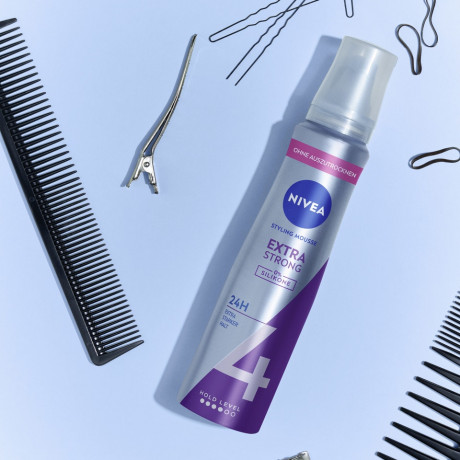 NIVEA Extra Stark Schaumfestiger, 150 ml, Нивеа Мусс для укладки волос, пантенол и витамин B3, экстра сильная фиксация до 24ч, термозащита, 150 мл