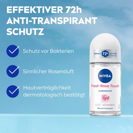 NIVEA Fresh Rose Touch Anti-Transpirant Roll-On, 50 ml, Нивеа Антиперспирант ролик, аромат розы, формула INFINIFRESH, 72ч защита, 50 мл