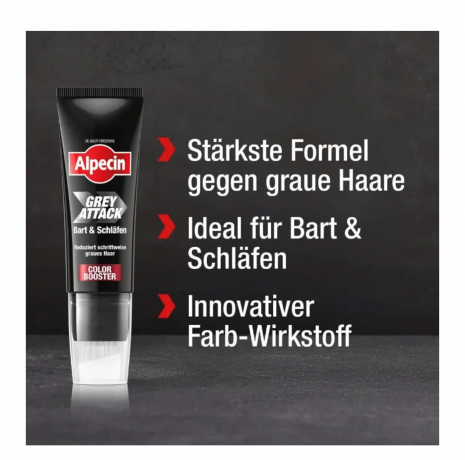 Alpecin Shampoo Grey Attack Bart & Schlafen Color Booster, 50 ml, оттеночный шампунь для бороды и висков для мужчин (Германия), 50 мл, постепенное закрашивание седины, натуральный тёмный оттенок, без силиконов