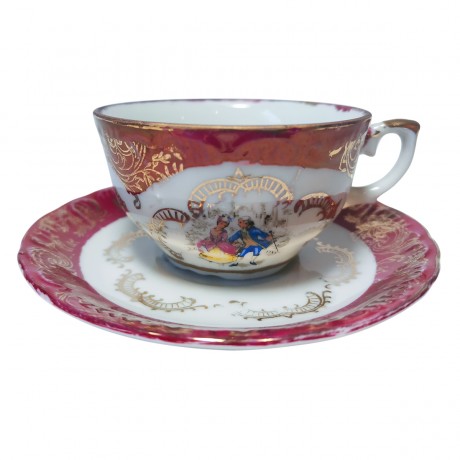 Veritable Porcelaine, Кофейная пара с изображением мотивов "Пикантные сцены", красный декор с позолотой, Италия, 1960г.