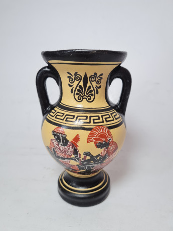 Ваза для цветов в греческом стиле с двумя ручками в желто-красно-черных тонах "Прометей", 13 x 8,5 см, Греция, 1960-70гг.