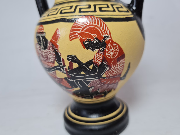 Ваза для цветов в греческом стиле с двумя ручками в желто-красно-черных тонах "Прометей", 13 x 8,5 см, Греция, 1960-70гг.