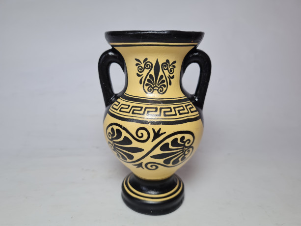 Ваза для цветов в греческом стиле с двумя ручками в желто-красно-черных тонах "Прометей", 13 x 8,5 см, Греция, 1960-70гг.