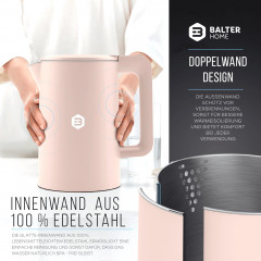 Balter Balter Wasserkocher WK-4-PK, Edelstahl, 1,7 Liter, Doppelwand Design, BPA frei, LED, pink  Чайник Balter WK-4-PK, нержавеющая сталь, 1,7 литра, конструкция с двойными стенками, без BPA, светодиод, розовый