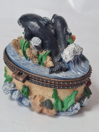 Шкатулка винтажная, с дельфинами и морским узором, фарфор, 7 x 8 см, Германия, 1960-70гг.