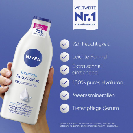 NIVEA Express Body Lotion, 400 ml, Нивеа Лосьон для тела, гиалуроновая кислота и морские минералы, 72ч увлажнение, быстрое впитывание, 400 мл