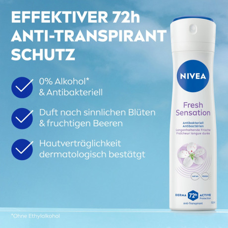 NIVEA Fresh Sensation Anti-Transpirant Spray, 150 ml, Нивеа Антиперспирант спрей, аромат цветов и ягод, формула INFINIFRESH, 72ч защита, 150 мл