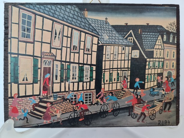 RL74 Картина в деревянной раме "Городская улица", 15,5см х 11см, Германия, 1970-80гг.