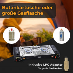 ZMC ZMC Gaskocher Doppel Campingkocher 2 flammig MSF-1a 227g Gaskartusche + LPG Anschluss, (Herd 2in1 DOPPEL 2Fach Gasherd Gas Ofen Butan Kochfeld), 2 flammig Camping Gas Kocher Outdoor Campingkocher  Газовая плита ZMC двойная походная плита 2-пламенная г