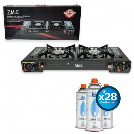 ZMC ZMC Gaskocher Doppel Kartuschenkocher Gaskocher 2 Flammig + 28x Gaskartuschen 227g, (mit automatische Piezo-Zundung Warmeleistung: 2,3KW), Outdoor Gas Campingkocher 2Fach Gasherd Ofen Butan Kochfeld Gas Kocher  Газовая плита ZMC с двойным картриджем, 