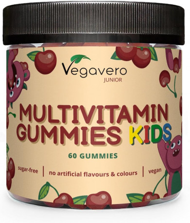 Vegavero Junior Multivitamin Gummies Kids, Детские мультивитамины, 17 витаминов и минералов, витамины C, D3, B12, цинк, без сахара, вкус вишни, 60 шт