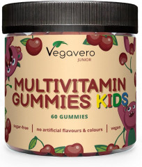 Vegavero Junior Multivitamin Gummies Kids, Детские мультивитамины, 17 витаминов и минералов, витамины C, D3, B12, цинк, без сахара, вкус вишни, 60 шт