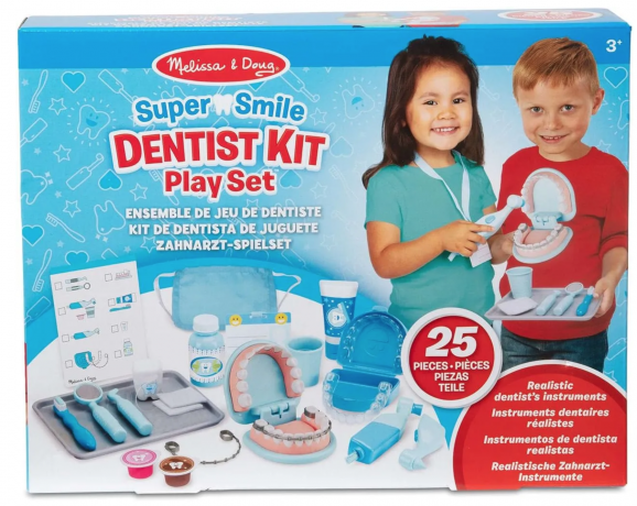 Melissa & Doug Super Smile Dentist Playset, 26 Pieces, Игровой набор стоматолог для детей от 3 лет США, 26 предметов, набор зубного врача с инструментами для ролевой игры и развития моторики, разноцветный