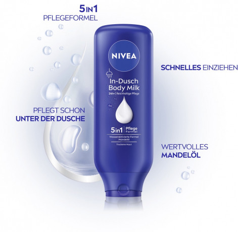 NIVEA In-Dusch Body Milk, 400 ml, Нивеа Молочко для тела в душе, миндальное масло, 24ч увлажнение, 5 в 1, 400 мл