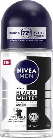 NIVEA MEN Black & White Invisible Original Anti-Transpirant Roll-On, 50 ml, Нивеа Мужской антиперспирант ролик, невидимый, защита одежды от пятен, 72ч защита, 50 мл