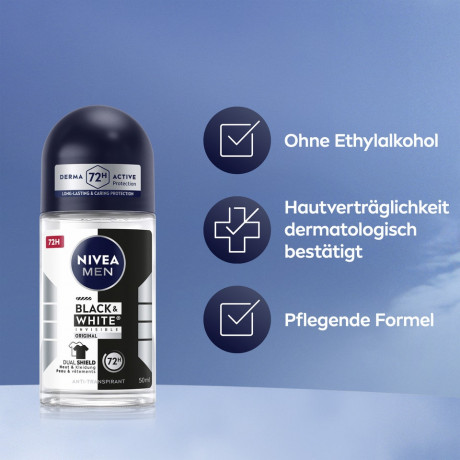 NIVEA MEN Black & White Invisible Original Anti-Transpirant Roll-On, 50 ml, Нивеа Мужской антиперспирант ролик, невидимый, защита одежды от пятен, 72ч защита, 50 мл