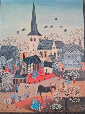 RL76 Картина в деревянной раме "Во дворе", 15,5см х 11см, Германия, 1970-80гг.