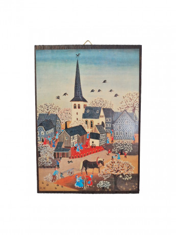 RL76 Картина в деревянной раме "Во дворе", 15,5см х 11см, Германия, 1970-80гг.