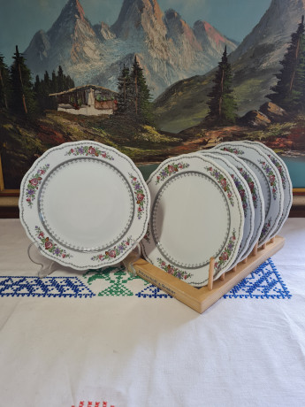 Hutschenreuther НАБОР Фарфоровых тарелок с цветочным рисунком и узором по краю, 19,5 см, 6 шт., Германия, 1960-70гг.