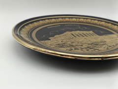 Тарелка декоративная винтажная &quot;Акрополь в Парфеноне&quot; позолоченный (24 К), в черно-золотистых тонах, керамика, 23 см, Греция, 1970-80гг.