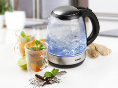 Domo Wasserkocher, 1.2 l, 2200 W, Glas LED Beleuchtung 360&deg; Edelstahlsockel, leise elektrisch ohne Kabel  Чайник Domo, 1,2 л, 2200 Вт, стеклянное светодиодное освещение, основание из нержавеющей стали на 360&deg;, бесшумный электрический без кабеля