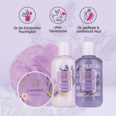 Accentra Shower Set Women Gift Set Lavender in Beautiful Gift Box Подарочный набор "Лаванда"  из 4 предметов с гелем для душа, лосьоном для тела, маслом для тела и сетчатой ​​губкой