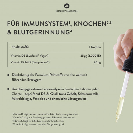 Sunday Natural Vitamin D3 + K2 MK7 капли 1000 МЕ + 20 мкг, витамин D3 и K2 для иммунитета, костей и зубов, веганский, 1500 капель