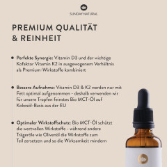 Sunday Natural Vitamin D3 + K2 MK7 капли 1000 МЕ + 20 мкг, витамин D3 и K2 для иммунитета, костей и зубов, веганский, 1500 капель