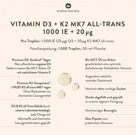 Sunday Natural Vitamin D3 + K2 MK7 капли 1000 МЕ + 20 мкг, витамин D3 и K2 для иммунитета, костей и зубов, веганский, 1500 капель