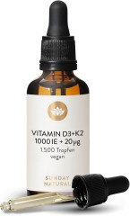Sunday Natural Vitamin D3 + K2 MK7 капли 1000 МЕ + 20 мкг, витамин D3 и K2 для иммунитета, костей и зубов, веганский, 1500 капель