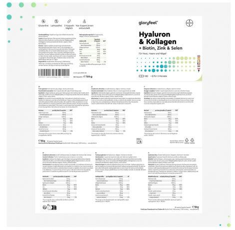 gloryfeel Hyaluronsaure + Kollagen 180 Kapseln, Коллаген гидролизат, с витамином C, гиалуроновой кислотой и биотином, 180 капсул