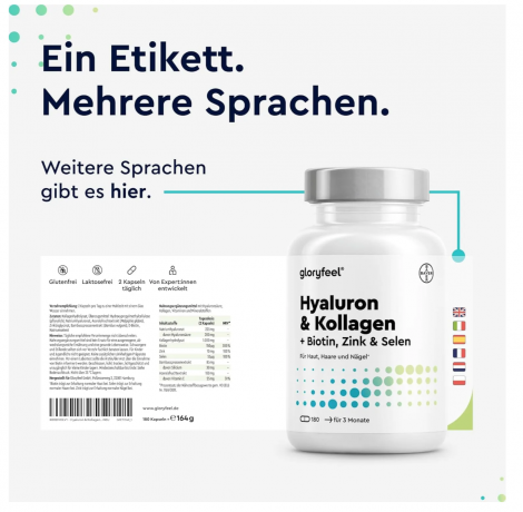 gloryfeel Hyaluronsaure + Kollagen 180 Kapseln, Коллаген гидролизат, с витамином C, гиалуроновой кислотой и биотином, 180 капсул