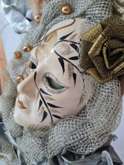 Панно декоративное винтажное &quot;Маска&quot;, украшенное текстилем и лентой, 31 х 23 см, Германия, 1960-70гг.