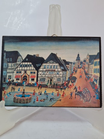 RL75 Картина в деревянной раме "Городская площадь", 15,5см х 11см, Германия, 1970-80гг.