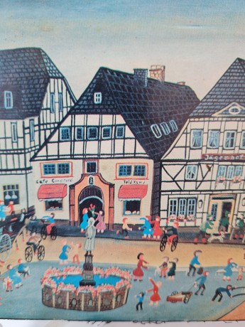 RL75 Картина в деревянной раме "Городская площадь", 15,5см х 11см, Германия, 1970-80гг.