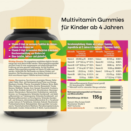 Nature's Way Kids Multi Gummies Детские мультивитамины, витамины A-Z, витамин C, D3, B12 и цинк, для иммунитета и энергии, вкус фруктов, с 4 лет, 60 шт