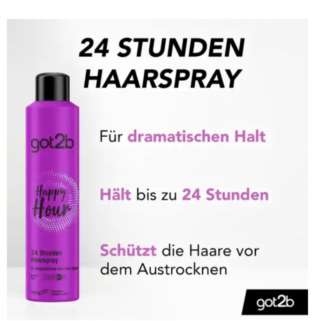 got2b happy hour Haarspray, Лак для волос , экстремальная сильная фиксация, стойкая укладка до 24 часов, защита от влажности, 300 мл
