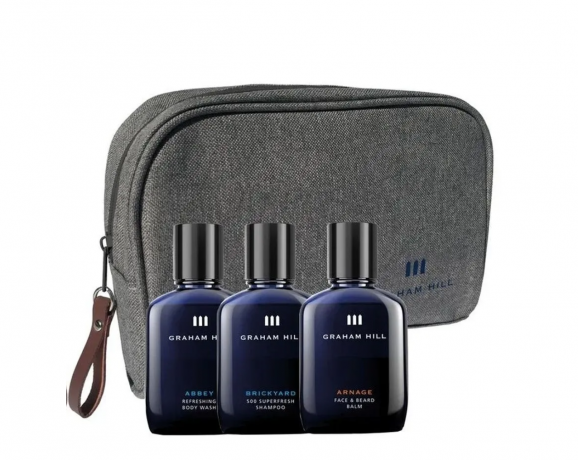 GRAHAM HILL Travel Set мужской подарочный набор для ухода, шампунь + гель для душа + бальзам для бороды, 3 100 мл, косметичка