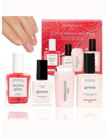 Manucurist French Manikure Active Set of 4st: Glow Raspberry, Green Nagellack Creme, Mani Stamper, Green Gel-Top Coat,  Набор для французского маникюра Manucurist French Manicure Set, 4 предмета, Active Glow + крем-лак для френча + топ + штамп, натуральны
