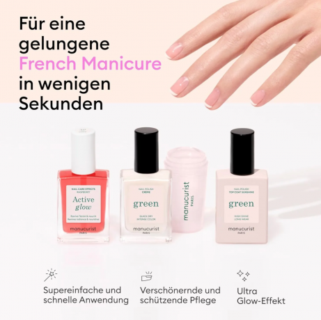 Manucurist French Manikure Active Set of 4st: Glow Raspberry, Green Nagellack Creme, Mani Stamper, Green Gel-Top Coat,  Набор для французского маникюра Manucurist French Manicure Set, 4 предмета, Active Glow + крем-лак для френча + топ + штамп, натуральны