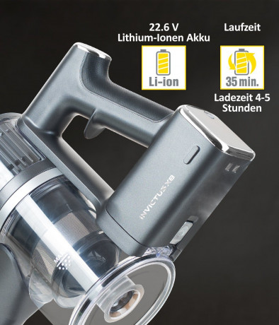 Genius Genius Akku-Bodenstaubsauger INVICTUS X8 Lithium-Ionen Akku, Lithium-Ionen Akku, Laufzeit 35 min (nur Modell Invictus X8) Беспроводной пылесос Genius INVICTUS X8 литий-ионный аккумулятор, литий-ионный аккумулятор, время работы 35 мин (только модел