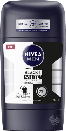 NIVEA MEN Black & White Invisible Original Anti-Transpirant Stick, 50 ml, Нивеа Мужской антиперспирант стик, невидимый, защита одежды от пятен, 72ч защита, 50 мл