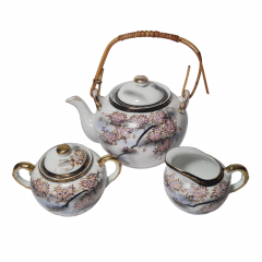 Набор для чая &quot;Веточки сакуры&quot;, розово-черный декор, чайник, молочник, сахарница, фарфор, Китай, 1970-80гг.