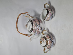 Набор для чая &quot;Веточки сакуры&quot;, розово-черный декор, чайник, молочник, сахарница, фарфор, Китай, 1970-80гг.