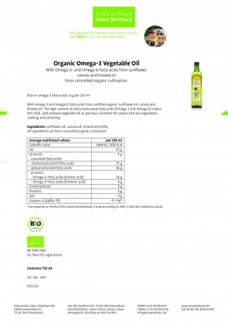Krauterhaus Sanct Bernhardt Organic Omega-3 Vegetable Oil, 750 мл