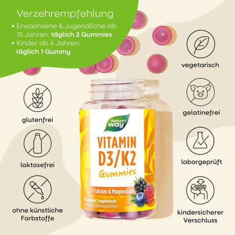Nature's Way Store Vitamin D3 K2 Gummies 60st, Жевательные витамины D3 + K2 для детей и взрослых со вкусом лесных ягод, 60шт 